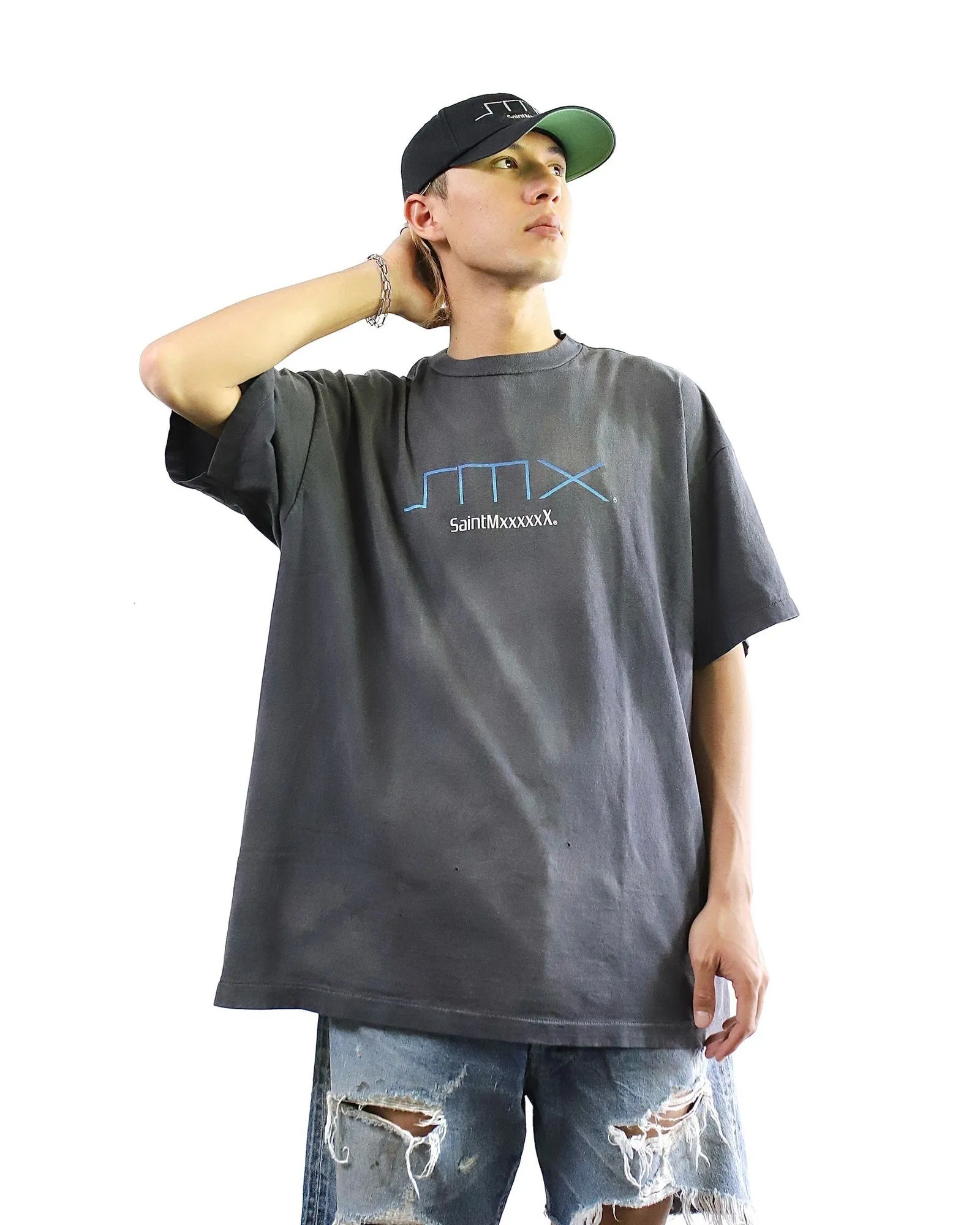 SAINT Mxxxxxx SM6 TEE/BLK latest model SM6 basic LOGO printed TEE, washed black S-XL, garment dyeing, heavy washing to make old, hanging holes, highly restored original printing, correct with anti-counterfeiting angel mark